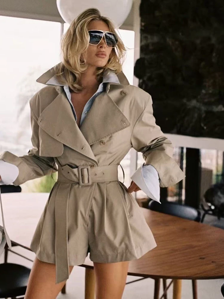 Winter Sexy Revers Hals Langarm Jacke Overall Mit Gürtel Frauen Zweireiher Overall Shorts Elegante Abend Party Runway