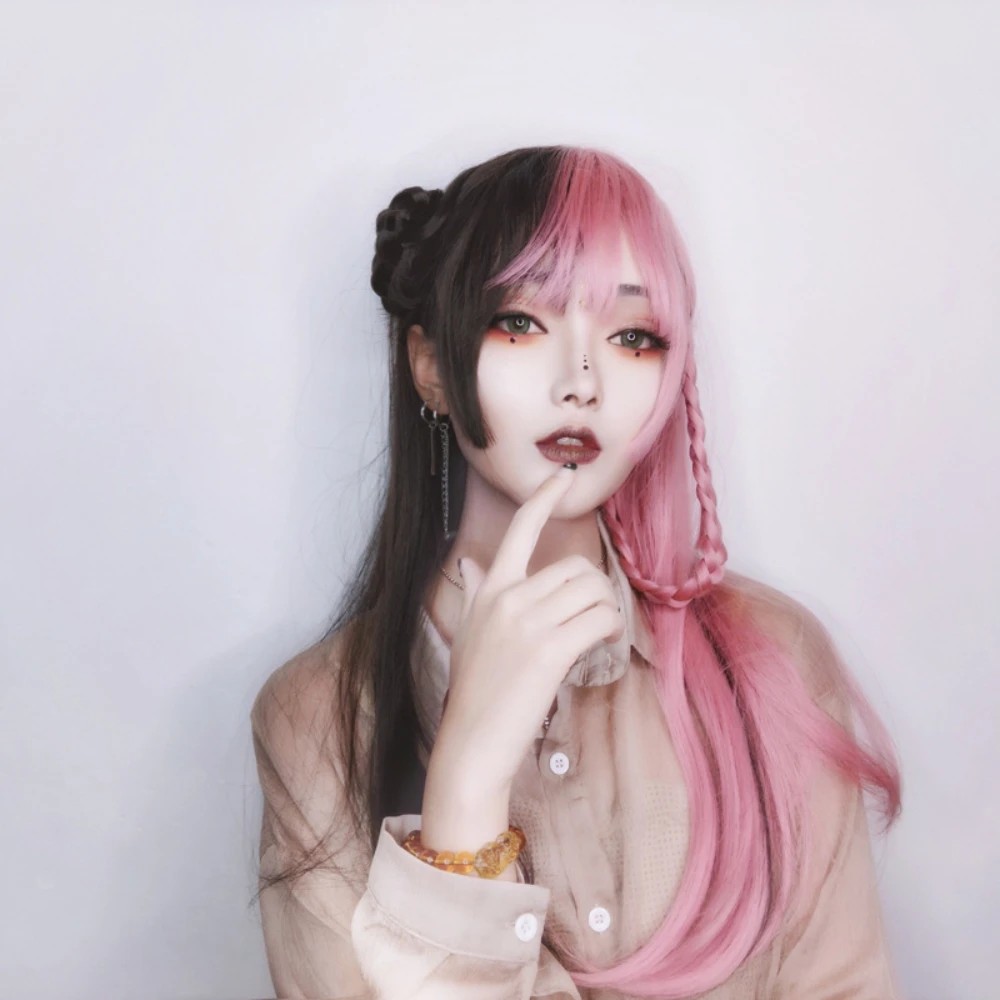 Lange Rechte Cosplay Synthetische Pruik Vrouwen Kostuum Partij Zwart roze Ombre Hittebestendige Synthetische Haar Pruiken Prinses snijdt pony