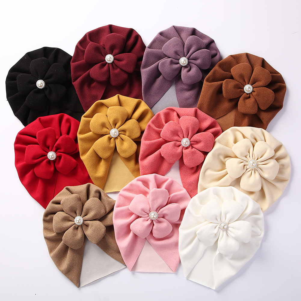 Grande flor turbante chapéus do bebê falso cashmere pérola recém-nascido gorros headwraps boutique infantil meninos meninas bonés headwear
