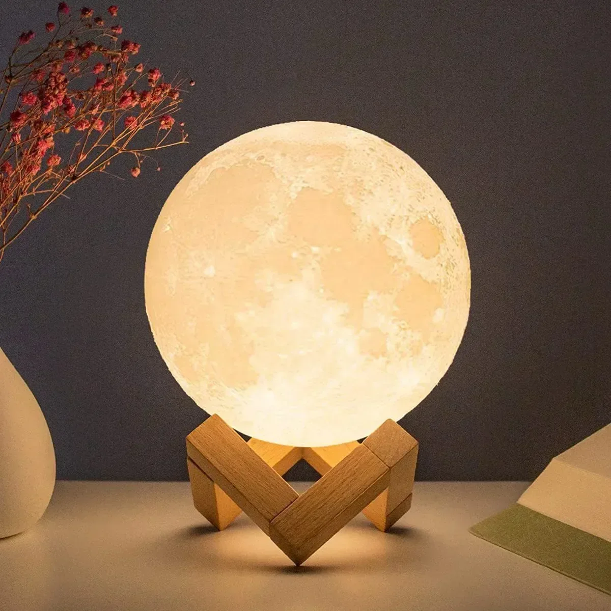 Luz LED nocturna de 8cm, lámpara de Luna alimentada por batería con soporte, lámpara estrellada, decoración de dormitorio, luces nocturnas, pila de botón de regalo para niños