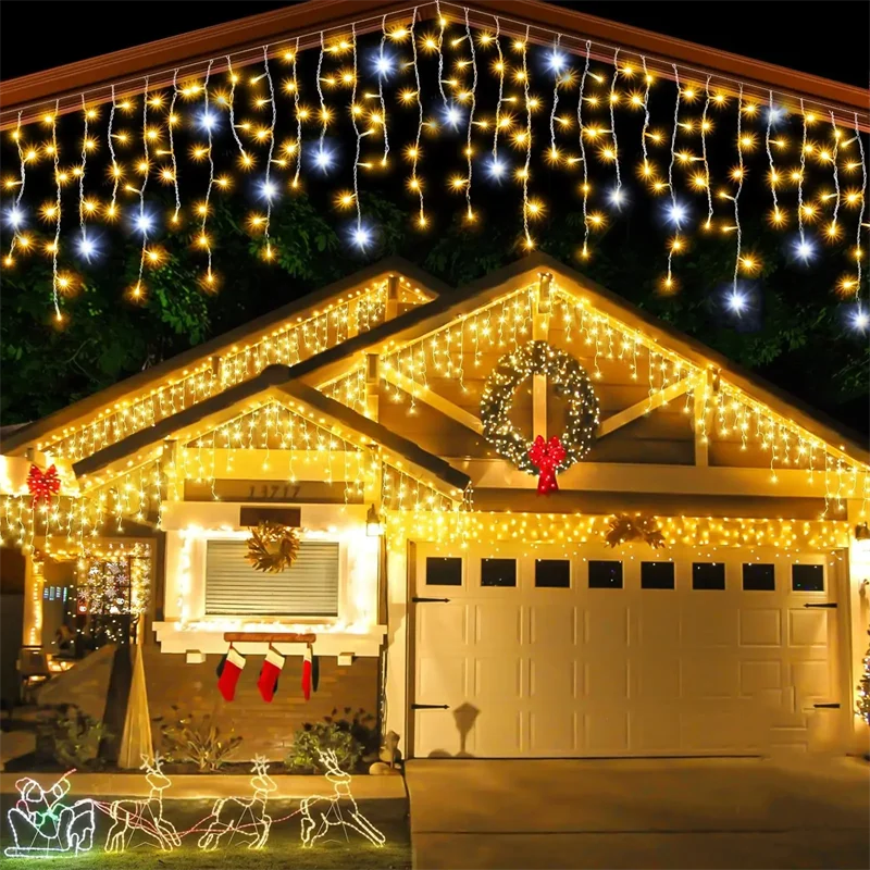 Festón de Navidad de 4-32m, cortina de carámbanos Led, luces Flash para exteriores, guirnalda de luces de hadas, alambre transparente, decoraciones de Año Nuevo