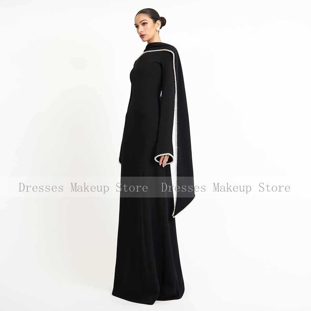 Robe de soirée de mariage élégante noire, ligne A, perles, manches longues, col rond, châle Long, robe de soirée formelle de l'arabie saoudite