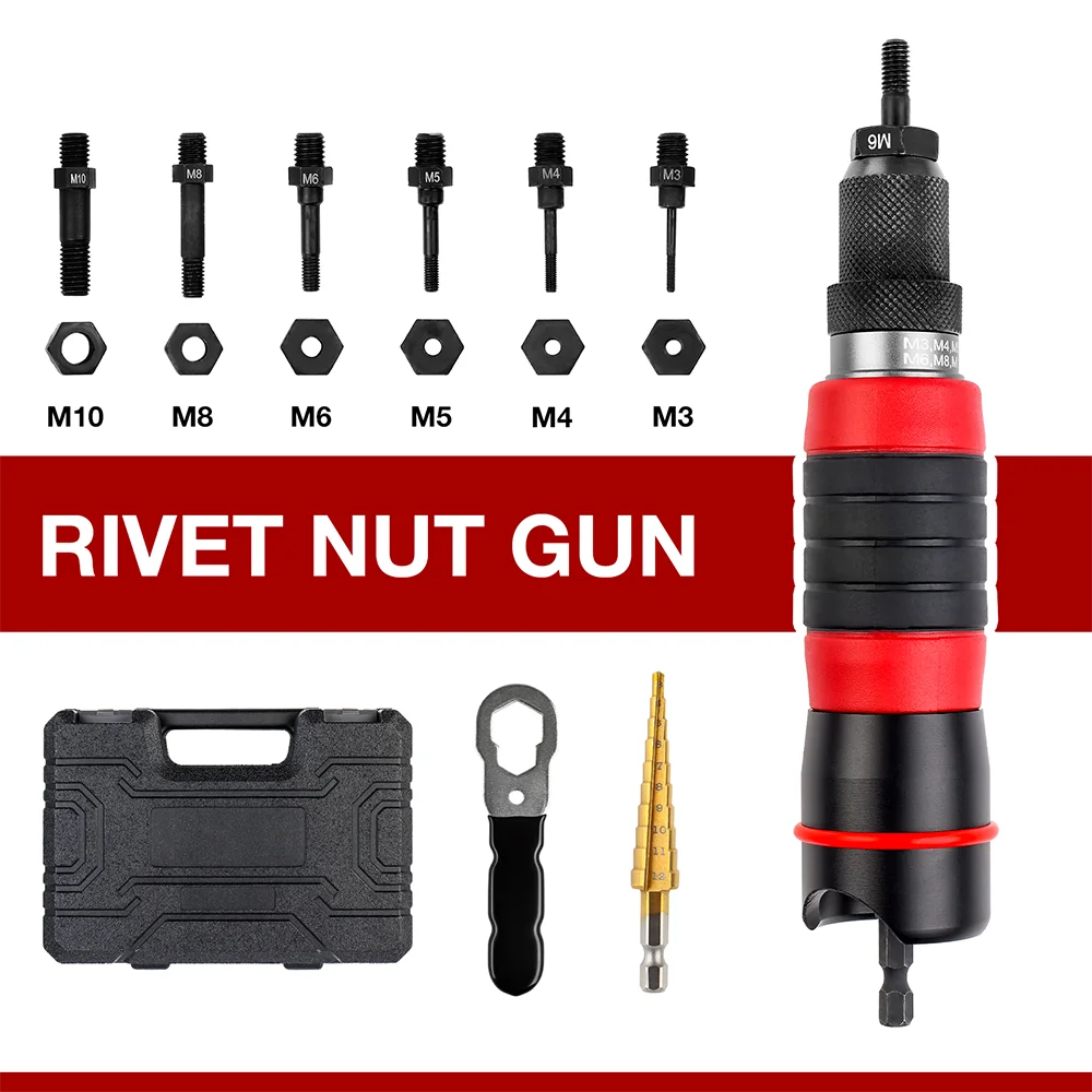 Adaptador de porca de rebite elétrico M3 M4 M5 M6 M8 M10, pistola de rebite doméstica, incluindo caixa de ferramentas, broca de 3-12 mm, ferramenta de rebitagem multifuncional, máquina de rebitagem sem fio