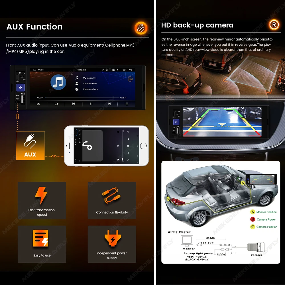 1DIN Universal MP5 6,86 pulgadas Radio coche Soporte Carplay Inalámbrico Android AUTO AUX USB SWC BT Pantalla Táctil Reproductor de vídeo multimedia