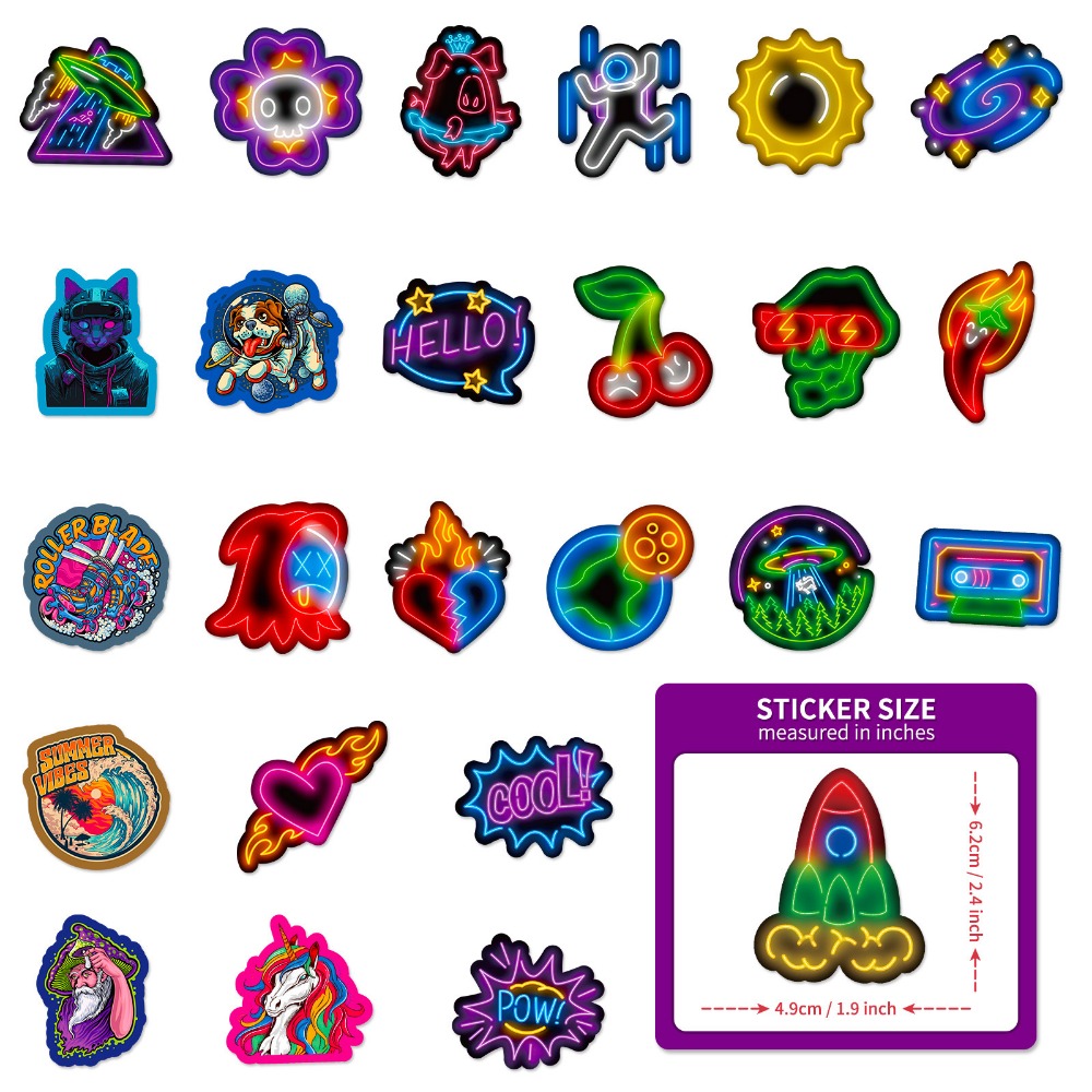 50 pezzi Cartoon Rocket Neon Cool adesivi carini estetica per laptop telefono chitarra skateboard adesivo per auto giocattolo classico regalo