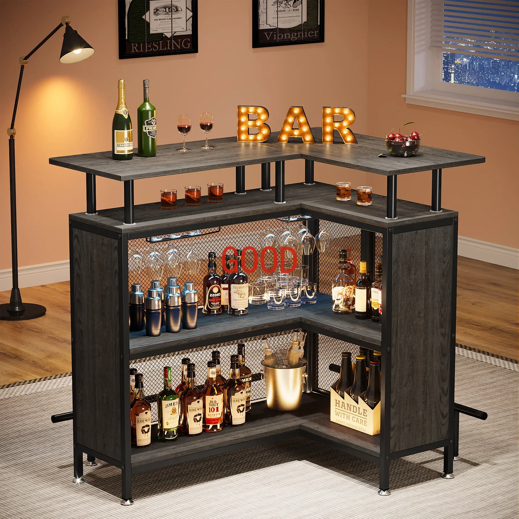 Tribesigns Home Bar Unit, L-Shaped Bar Table with Stemware Racks and 2-Tier Shelves, Corner Mini Coffee Liquor Cabinet