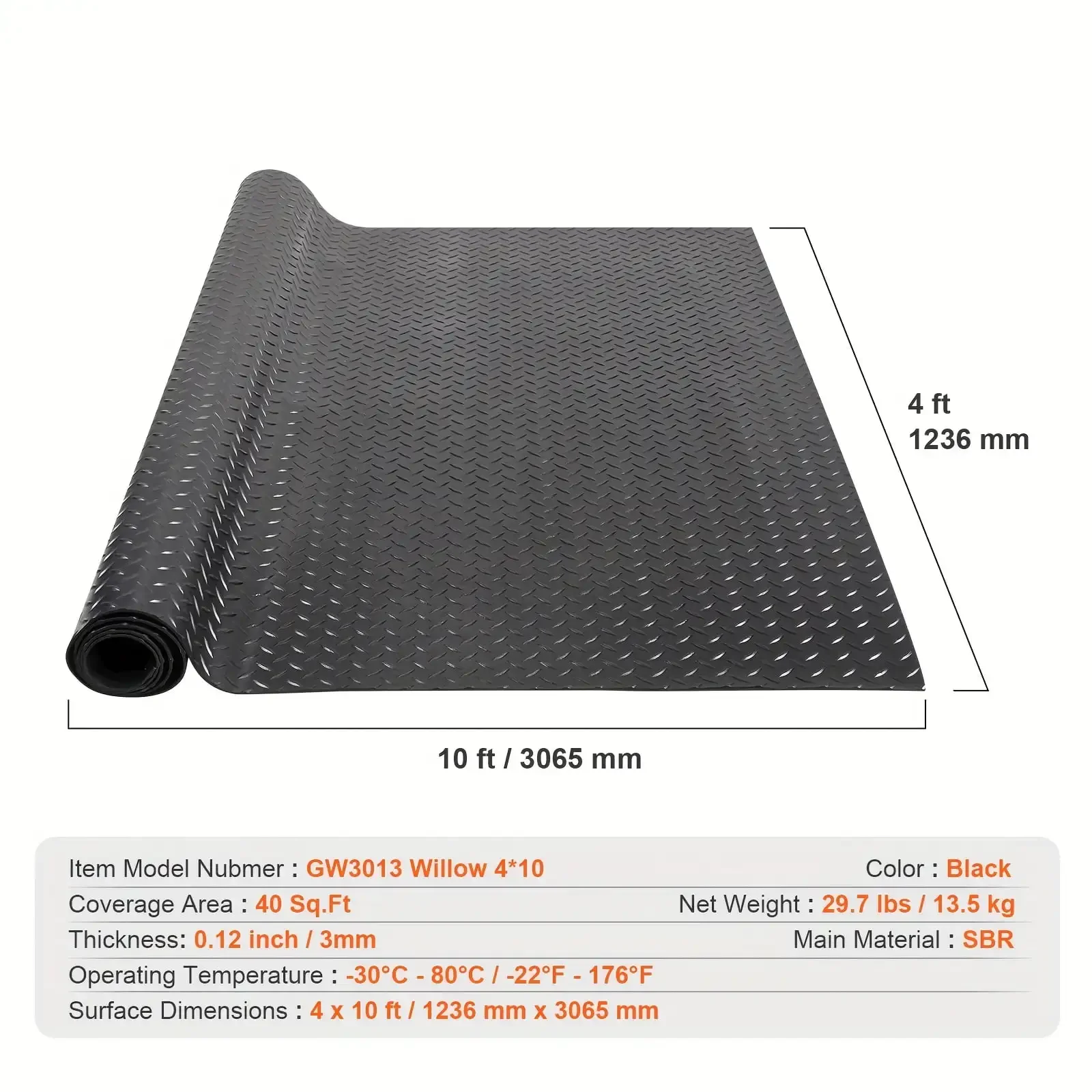 Diamond-Plate Rubber Flooring Roll, 3 mm x 4 ft x 15 ft Garage Floor Mat, SBR Rubber Garage Flooring Roll, Easy to Clean, Black