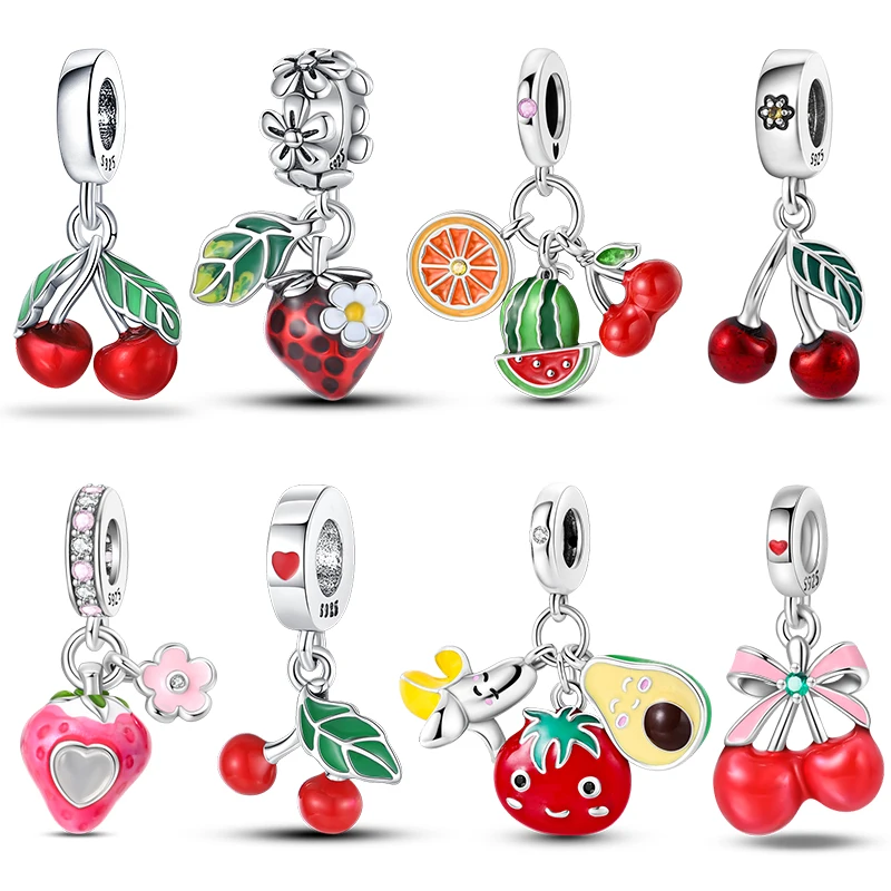 925 prata esterlina morango cereja maçã abacate frutas encantos pingentes caber diy 925 pulseiras originais jóias de aniversário