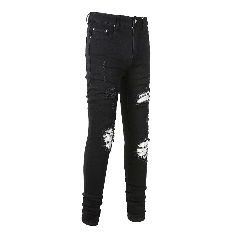Männer Geknackt Silber Leder Patch Biker Jeans Streetwear Dünne Konische Stretch Denim Hosen Löcher Ripped Patchwork Schwarze Hose