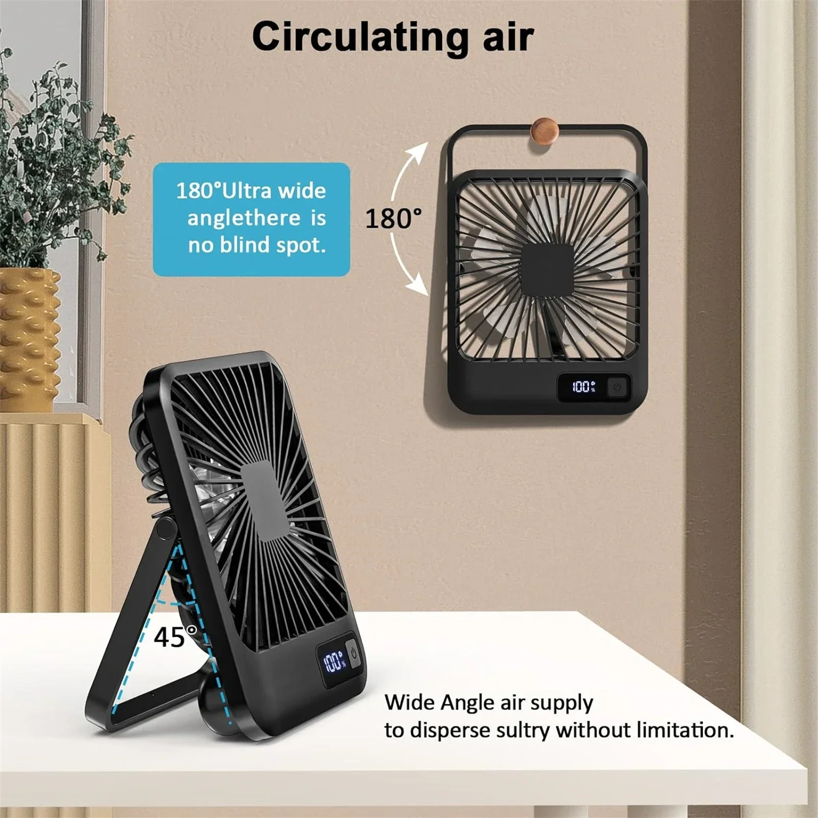Ventilador de mesa recarregável USB portátil ultra silencioso com display de energia 180 °   Ventilador pessoal dobrável de 5 velocidades com inclinação