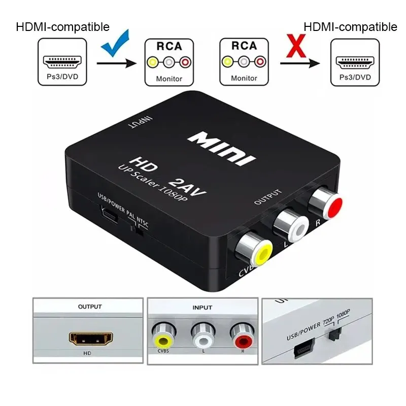 HDMI-compatible To AV RCA Adapter Converter MINI Box RCA AV CVSB LR Video Composite AV Scaler Converter For PC HDTV Projector