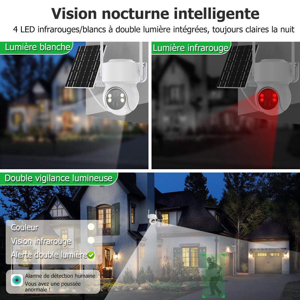 ICsee Andrea Caméra de vidéosurveillance solaire extérieure sans fil, batterie intégrée, 4MP, HD, WiFi, PTZ, PIR, détection humaine