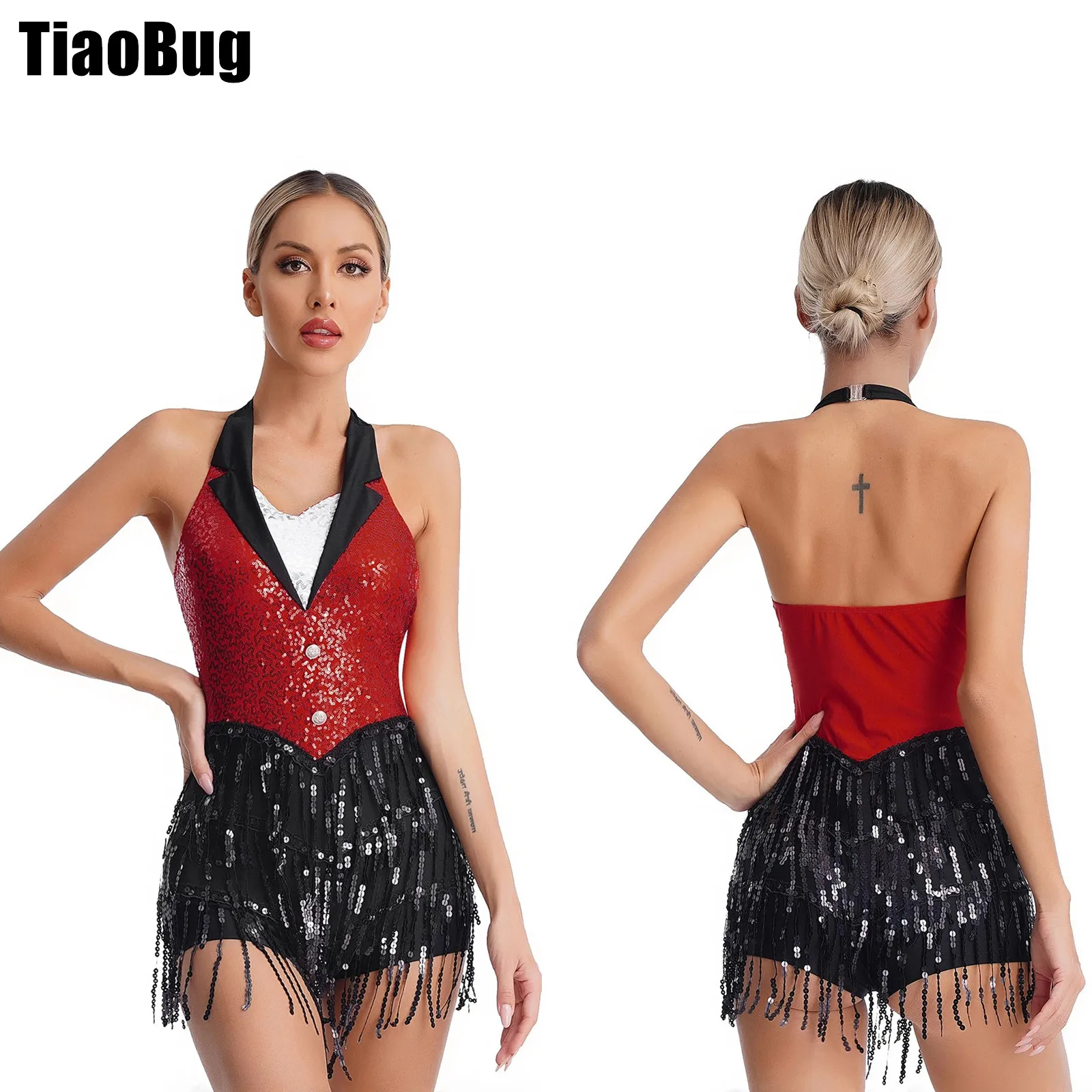 Damen-Trikot mit Quasten, Jazz-Latin-Tanz, Performance-Kostüm, Neckholder, rückenfrei, glitzernde Pailletten, Fransen-Overall, ärmellos, Tanzbekleidung