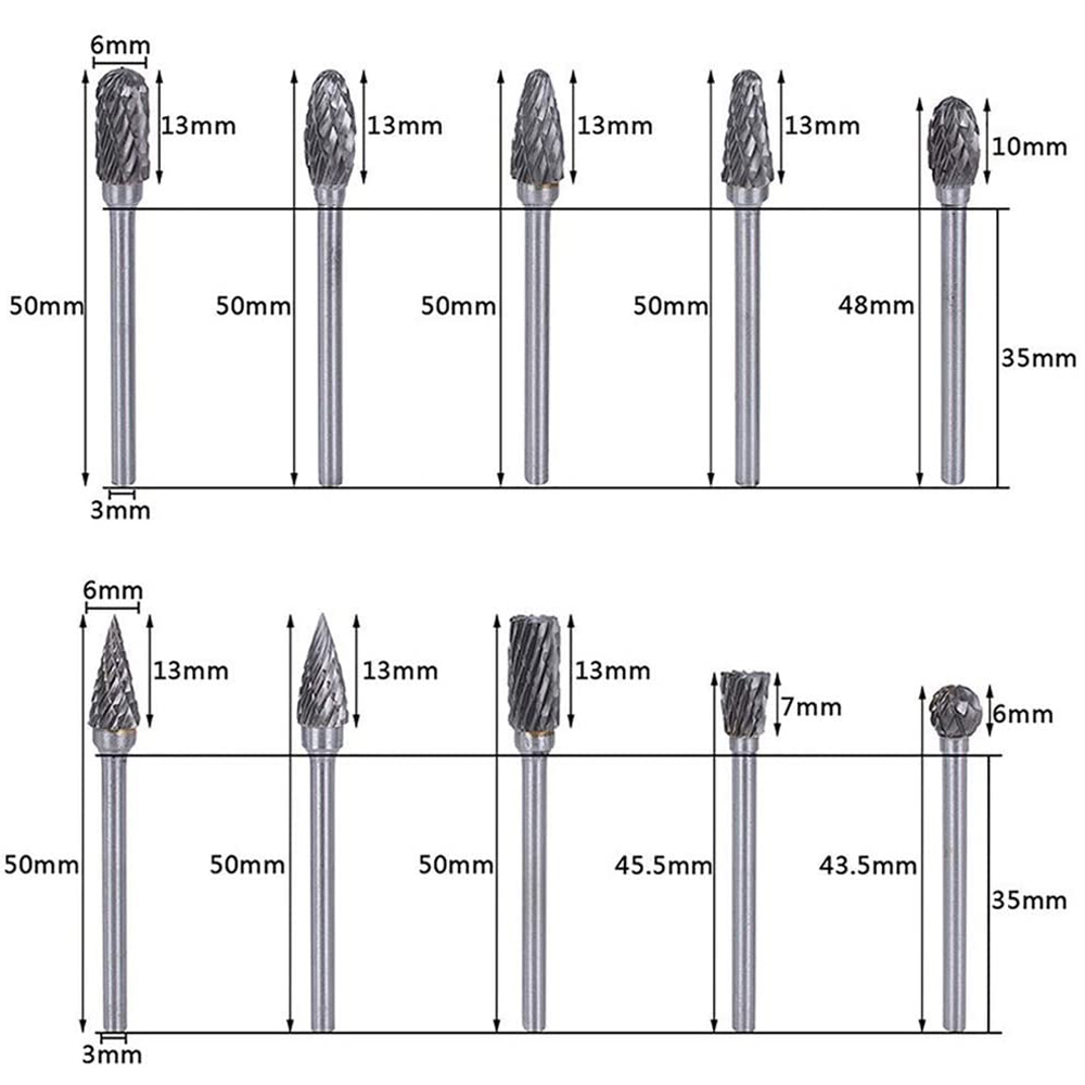 Set di frese rotanti in carburo di tungsteno 10 punte per intaglio con gambo da 3 mm Punta da 6 mm per intaglio di legno e pietra, lavorazione dei metalli in acciaio
