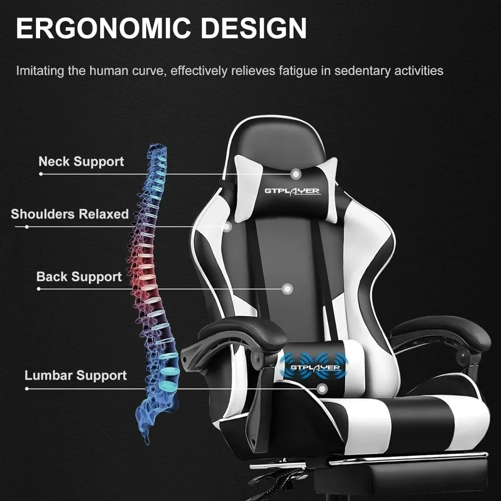 GTPLAYER Gaming Chair, Computer Chair with Footrest and Lumbar Support, Height Adjustable Game Chair with 360°-Swivel Seat