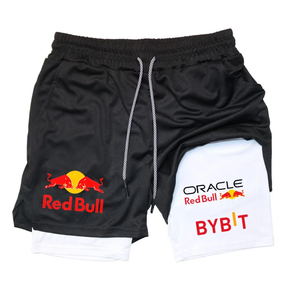 New Men's 2-in-1 Red Bull Sports Shorts Breathable Casual Quick Drying Double-layer Summer Running M-5XL