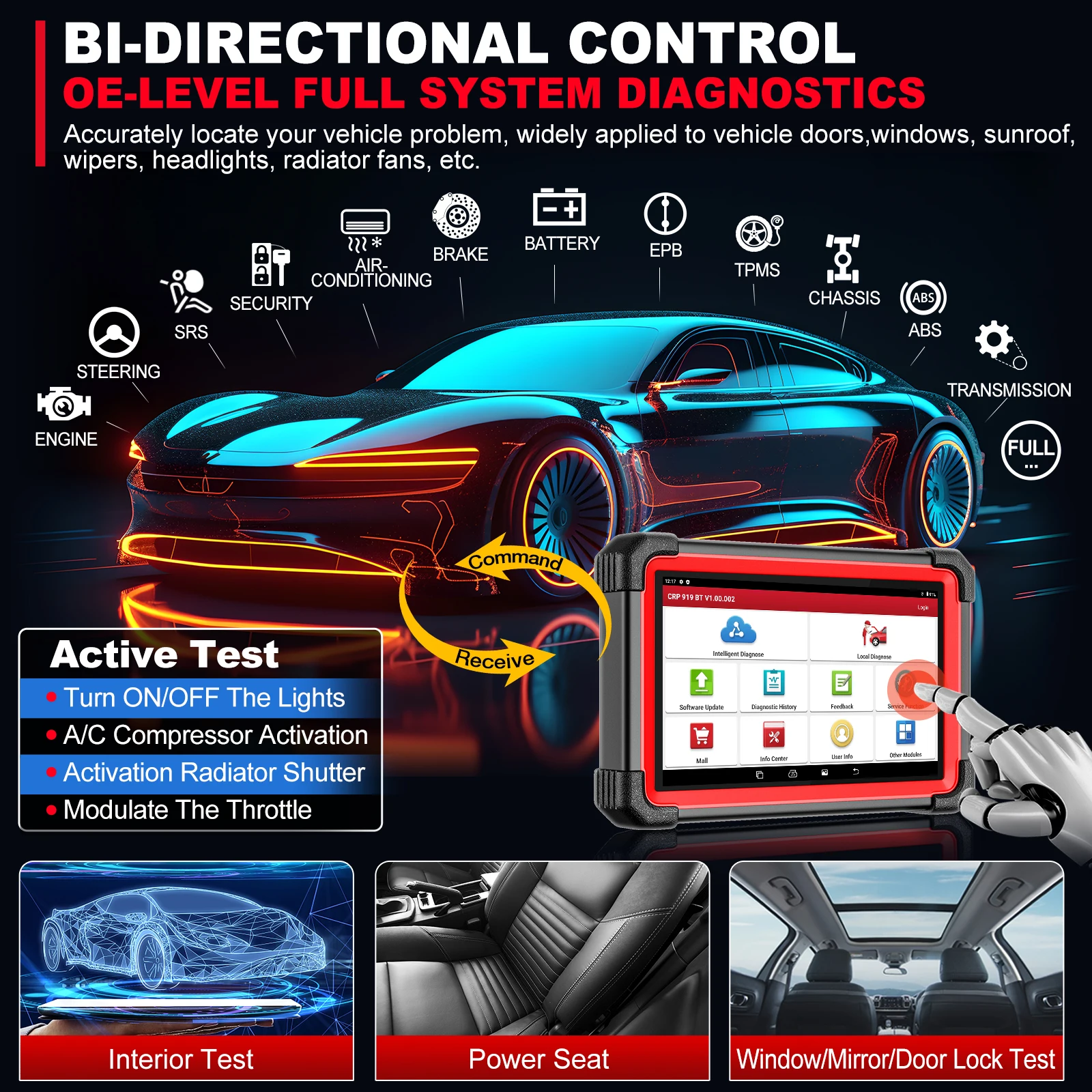 LAUNCH X431 CRP919E BT Outil de diagnostic de voiture Système complet 31+ Réinitialiser Codage de l'ECU Contrôle bidirectionnel CANFD DOIP FCA Analyseur OBD2 tools outils mecanique valise diagnostique automobile