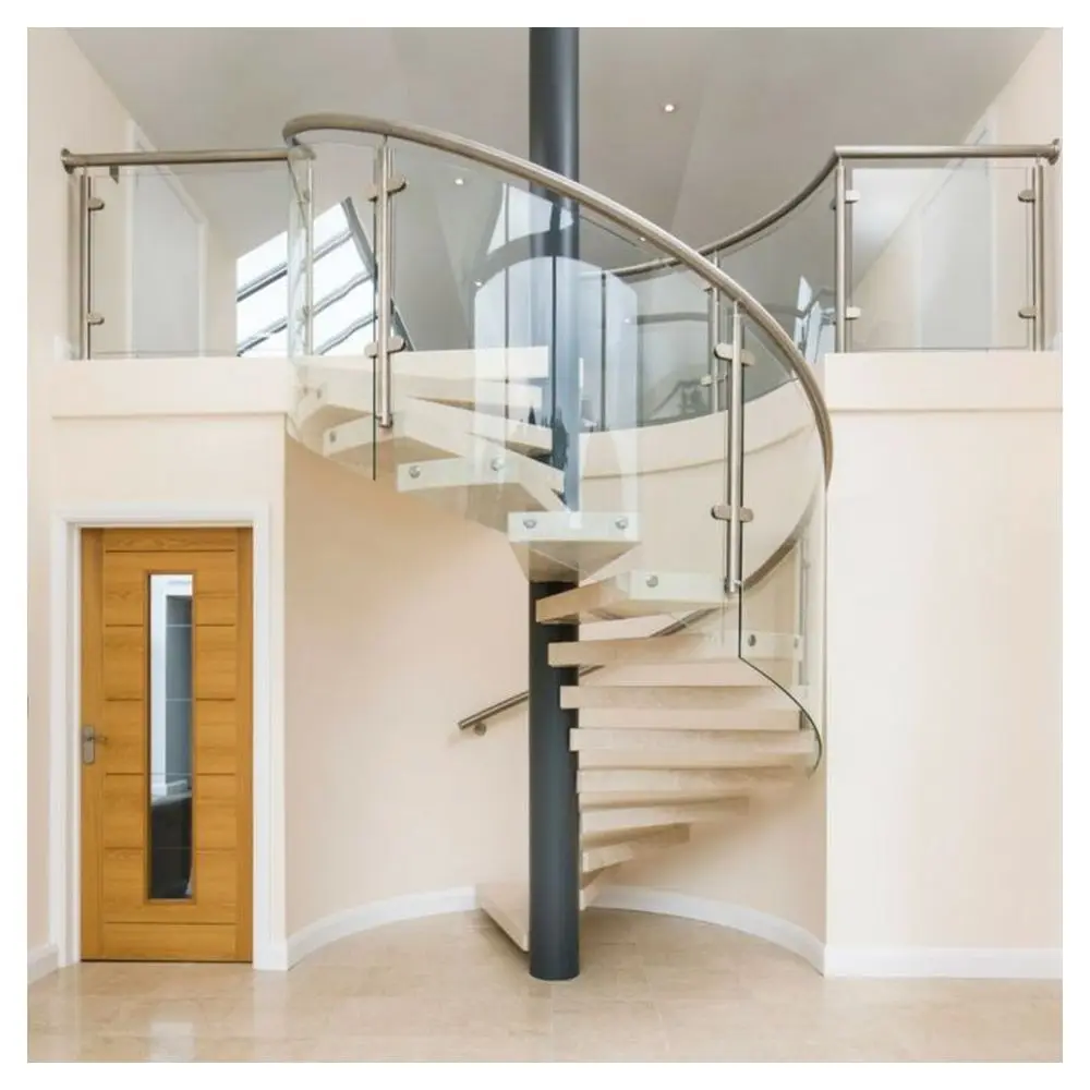 Escalera interior moderna de acero inoxidable con barandilla de vidrio de madera Diseño interior en espiral duradero para villas para tamaños estándar