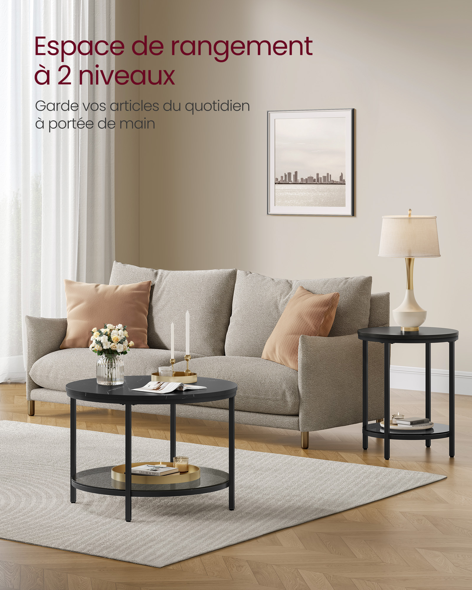 VASAGLE Table Basse, Table de Salon, Table Canapé Apéro, Façon Marbre, Support en Verre Trempé, Facile à Assembler, pour Salon, Style Moderne