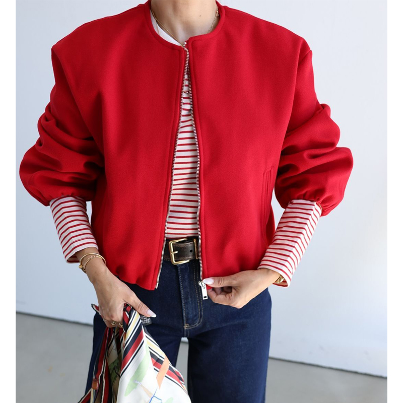 TRAF – blouson bombardier rouge à fermeture éclair pour femme, court et doux, à manches longues, de sport, nouvelle collection 2024, vêtements d'extérieur