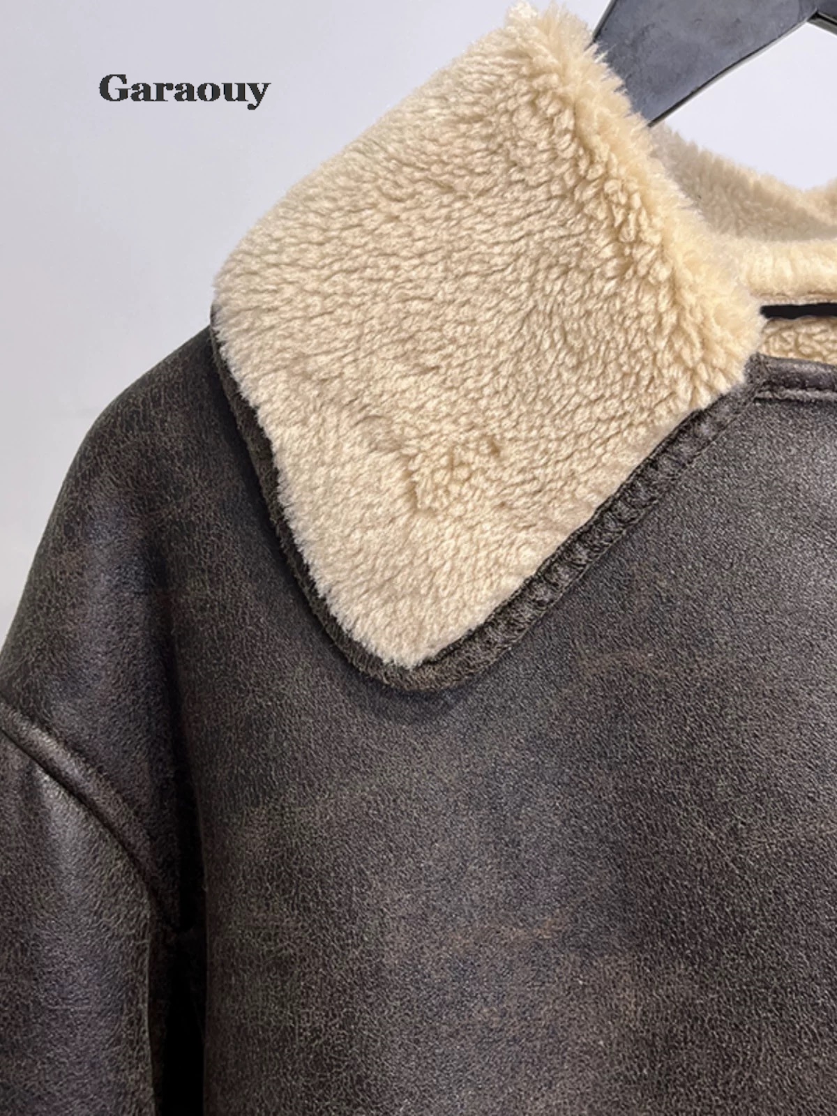 Garaouyผู้หญิงRetroเสื้อหนังFauxหญิงStreetwear Turn-Downคอยาวแขนยาวเดี่ยวBreastedฤดูหนาวเสื้อหนา