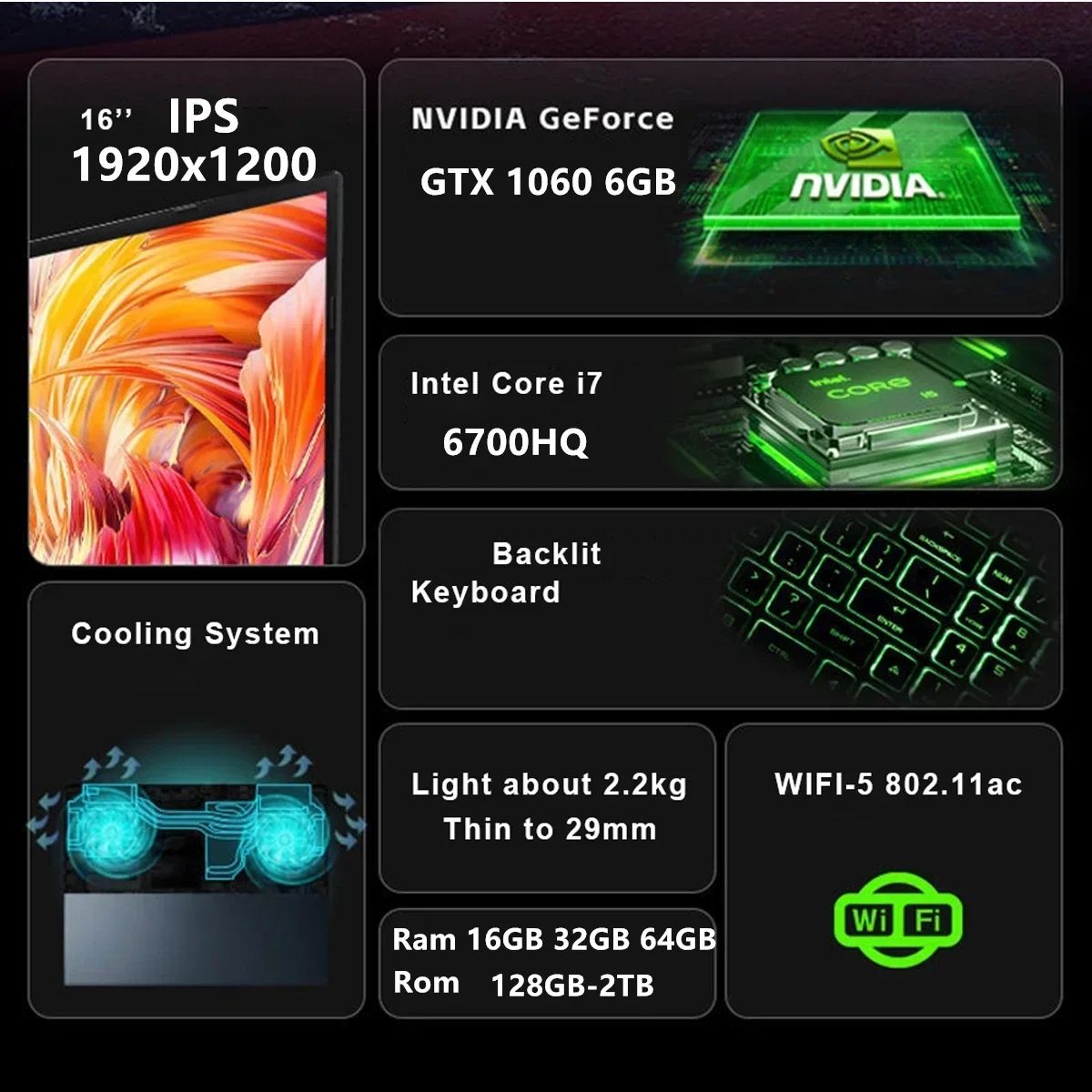 AKPAD Laptop para juegos 16 "IPS 1920x1200 Intel Core I7-6700HQ 2,6 GHz Max 64 GB de RAM NVIDIA GeForce GTX 1060 6 GB GDDR5 Windows 11 Pro