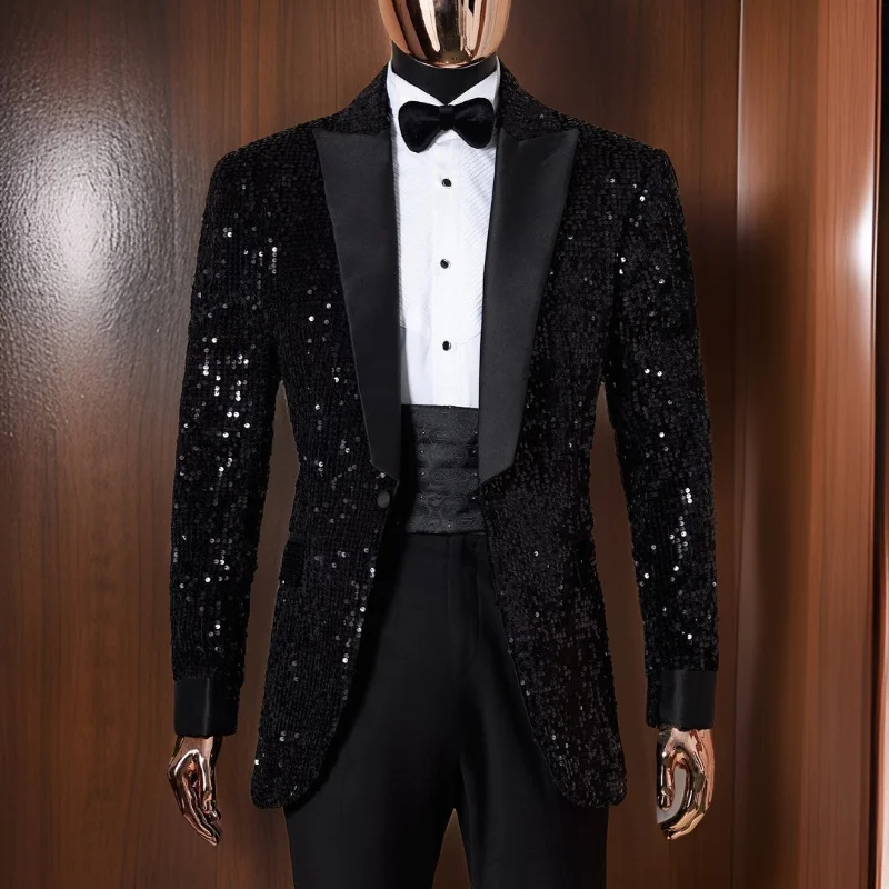 Shining Sequins Men Suits Tuxedo Slim Fit Notched Lapel One Button Blazer with Pants 2-Pcs Tailored Groom Wedding Party Jacket