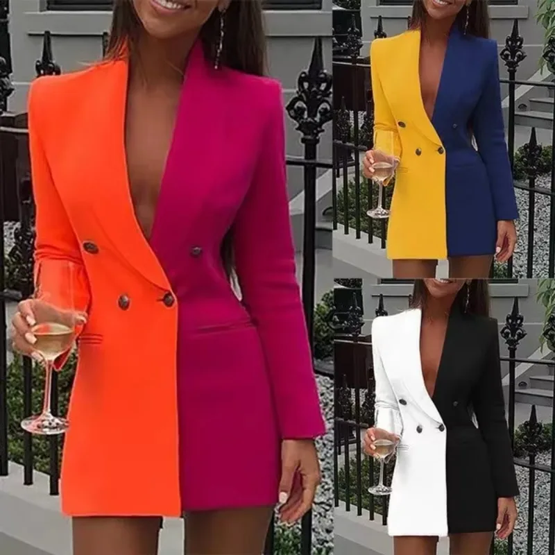 Frauen Blazer elegante Büro Dame Anzug dünne Frühling V-Ausschnitt weibliche Langarm neue Patchwork schlanke ol zweireihigen Mantel