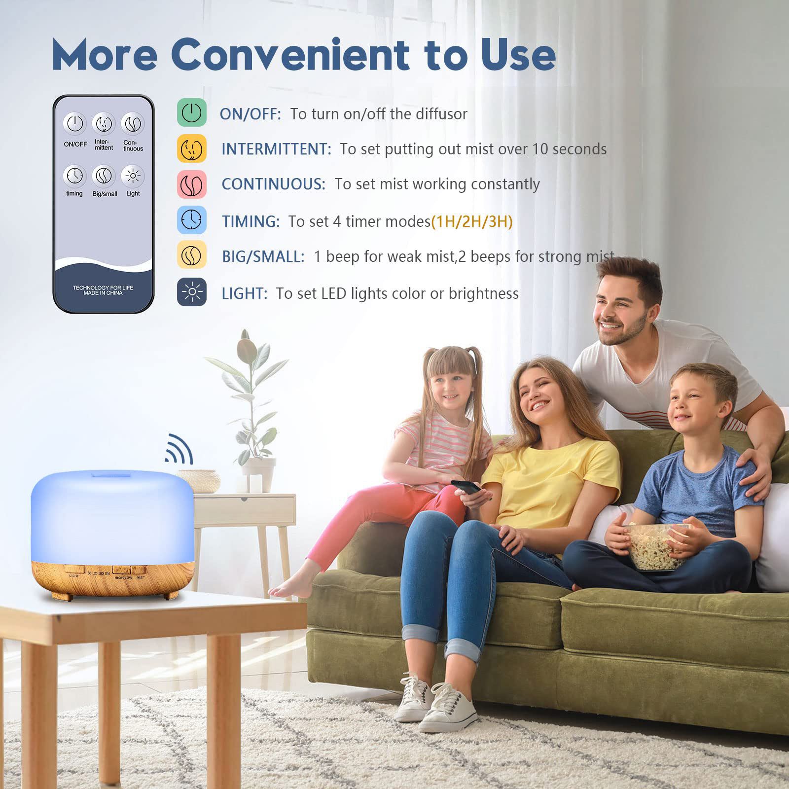 Difusor de aroma de 500ML (6 óleos opcionais), umidificador difusor de aromaterapia de óleo essencial 5V 2A com controle remoto