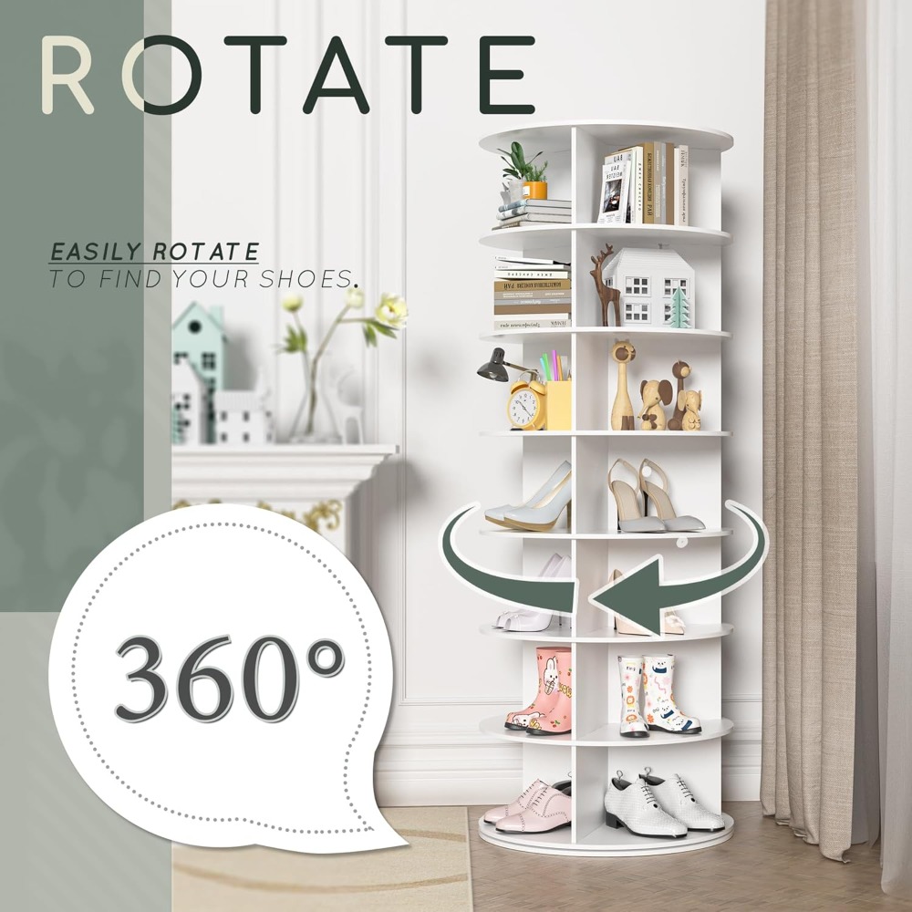 7-layer Rotating Shoe Rack Tower, New Upgraded 360 Degree Circular, Vertical Handbag White Rotating Shoe Rack Tower