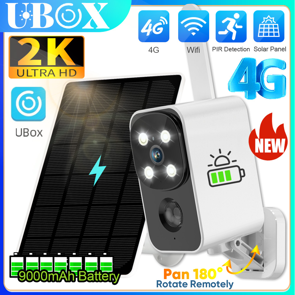 Ubox 4G/WiFi Solar Security Battery Camera 4MP Wireless Outdoor Battery Powered Cameras Color Night Vision PIR Human Motion Cam