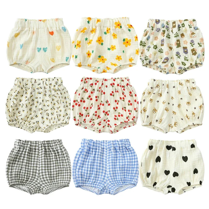 2025 pantalones cortos de verano para bebés pequeños, ropa de salón transpirable de lino y algodón con dibujos animados para niños de 3M-6T, pantalones coreanos bonitos de PP para niños y niñas
