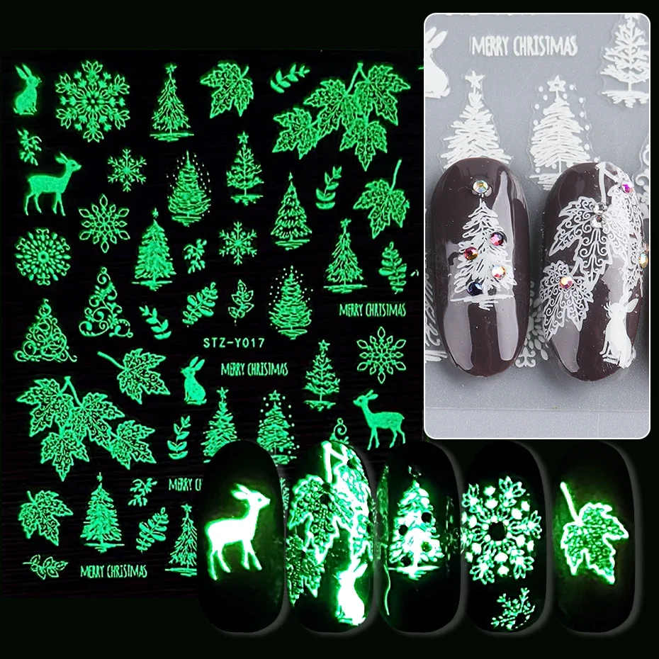 Pegatinas 3D luminosas de Navidad que brillan en la oscuridad, deslizadores de Año Nuevo para vacaciones con copos de nieve de invierno, accesorios artísticos para uñas, calcomanías BESTZY01-18