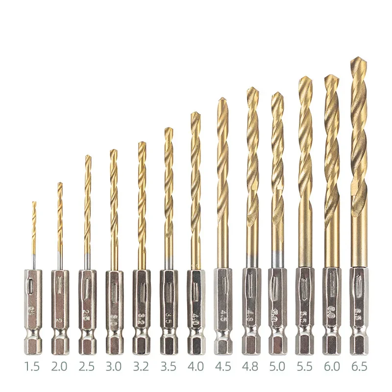 13PCS Hexagonal Handle Titanium Twists Drill 1.5-6.5mm Electric Drill Screwdriver Drilling Reaming Drill Tool Spiral Drill Bit