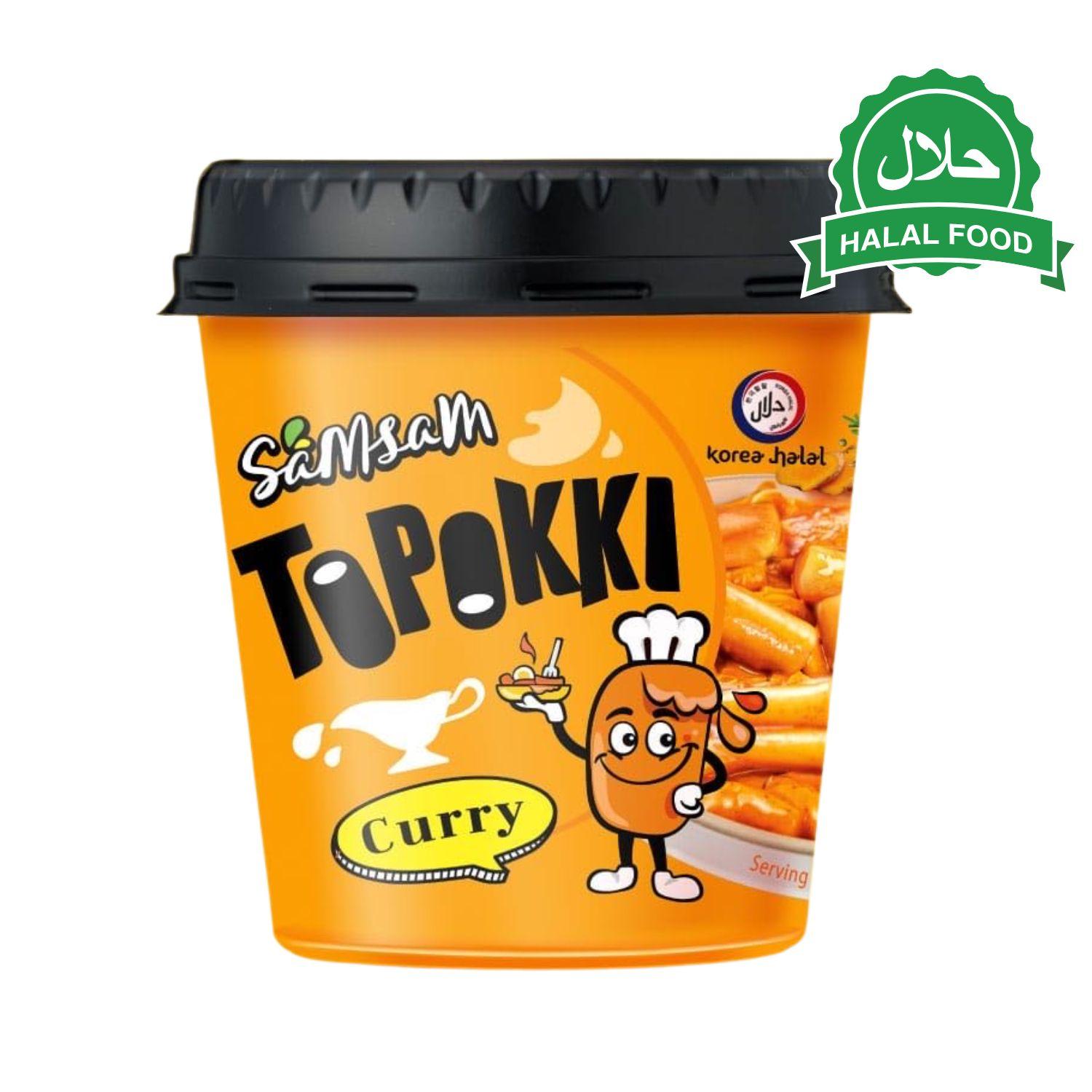 Samsam ,  Toppokki Curry Mild Spicy Rice Cake Halal Certificated Korean Snack（Pack of 6 cup）