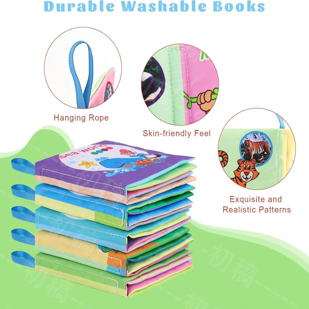 ชุดหนังสือผ้าเด็กแบบล้างทำความสะอาดได้ - ของเล่นประสาทสัมผัสแบบย่นปลอดสาร BPA พร้อมแหวนกัดและหน้าหลายพื้นผิวสำหรับทารก 0-12M
