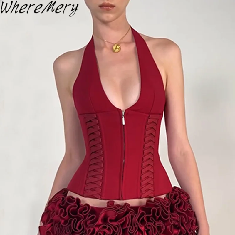 WhereMery Fashion Cross Tie Zipper Slim Damen Weste Sexy Off Shoulder Rückenfrei Ärmellos Neckholder Top Casual Sommer Street Camis