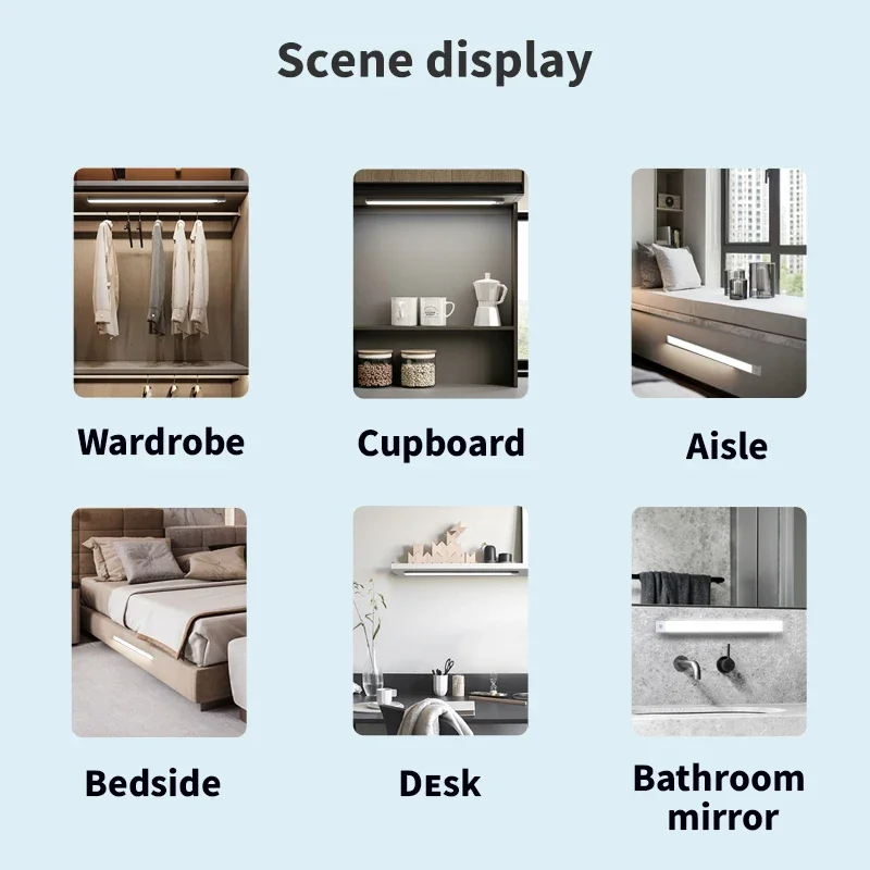 10-60 ซม.LED Ultra Thin Lights Motion Sensor night light ไร้สายภายใต้ตู้ไฟสําหรับห้องครัวตู้เสื้อผ้าตู้