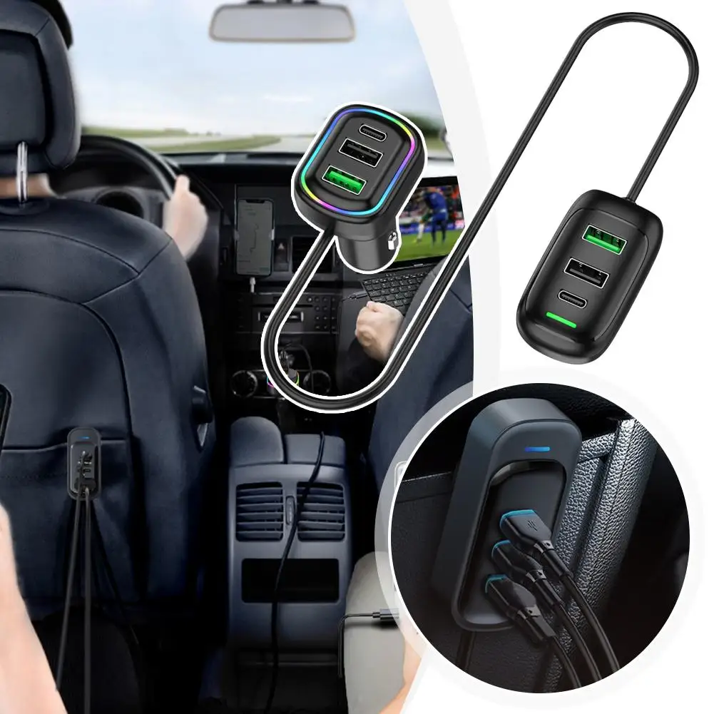 6-Ports USB Typ-C Vorder- und Hinterverlängerung Autoladegerät mit RGB-Licht PD Schnelllade-Netzteil für iPhone Tablet