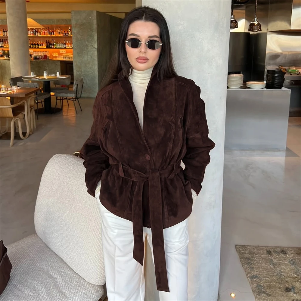 Tornova retro camurça jaqueta de manga comprida casaco feminino com decote em v rendas até jaqueta 2025 outono inverno novo comute escritório senhora outerwear