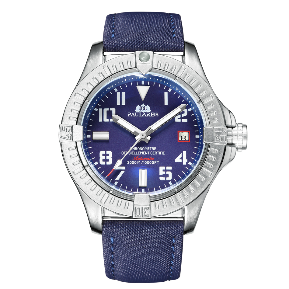 Reloj Automático de cuero negro y azul para hombre, reloj mecánico de cuerda automática, estilo de lona, esfera luminosa de lujo