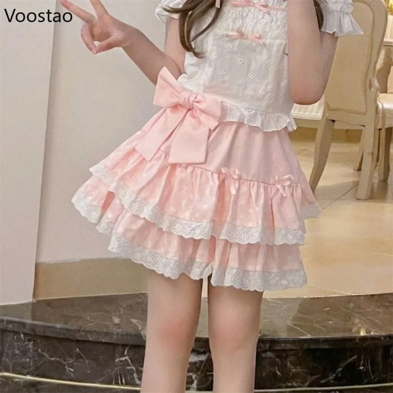 Mini jupe gâteau à volants rose de Style japonais, jupe courte d'été pour femmes, imprimé à pois, jupes à nœud coréen Kawaii pour filles