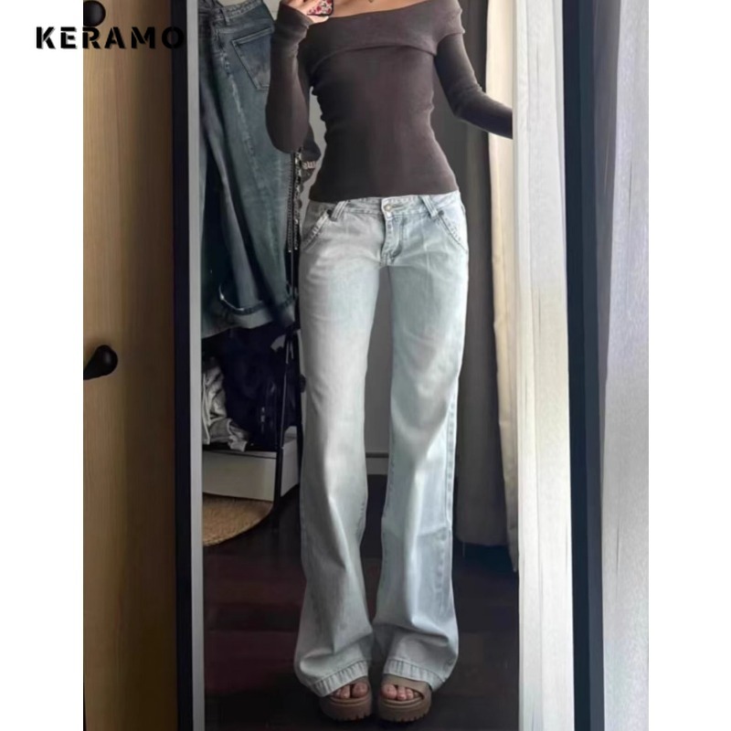 Light Blueต่ําเอวกางเกงยีนส์ผู้หญิงStreetwearอเมริกันVINTAGE DENIMกางเกงหญิงสบายๆล้างตรงPantalons Mujerฤดูใบไม้ร่วง 2024
