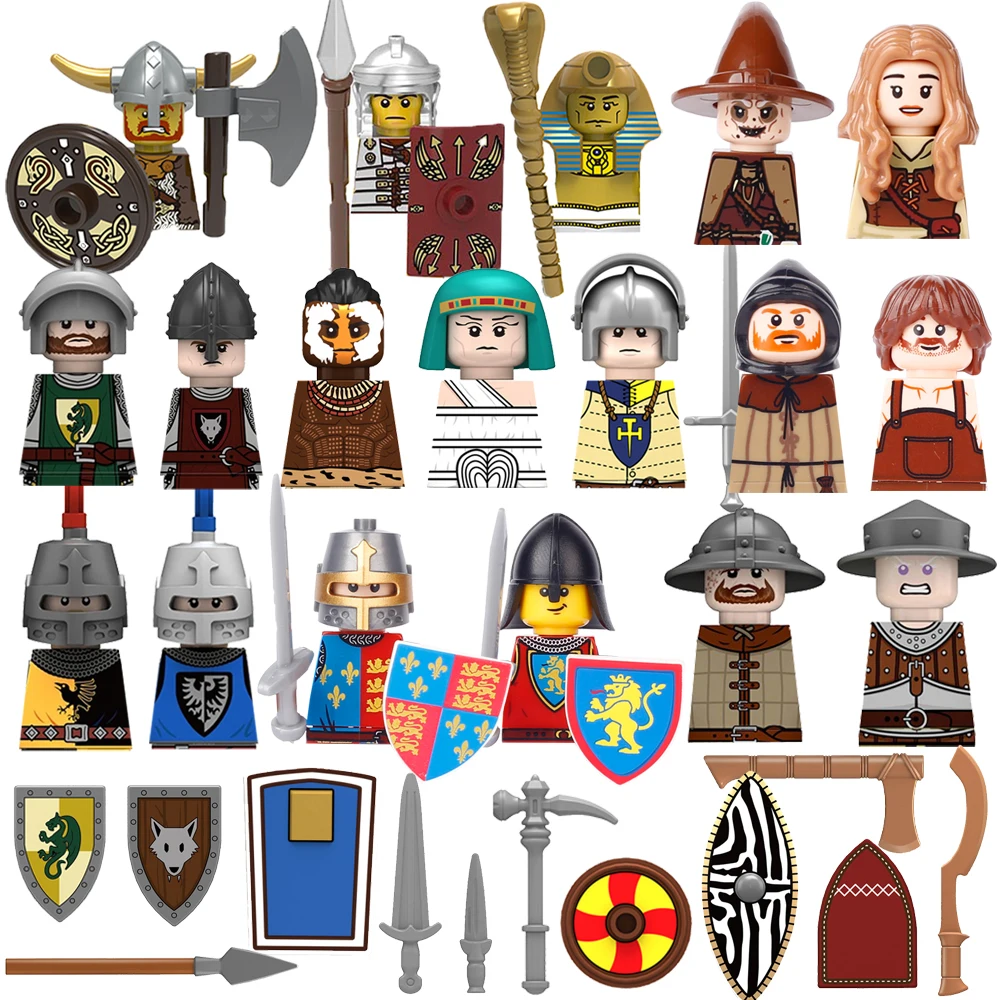Средневековый солдат MOC, фигурка, строительные блоки, римский воин, египетский фараон, крестьянские ведьмы, милиция, оружие, сделай сам, мини-игрушка в подарок T019