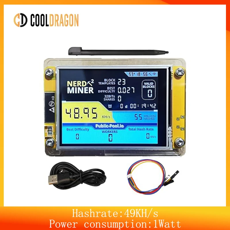 NerdMiner V3 Wydajność Hashrate Inteligentny Wyświetlacz Crypto Solo Lottery Nerd Miner Koparka Bitcoin ESP32-2432S028R 49 k/S 2.8 cala