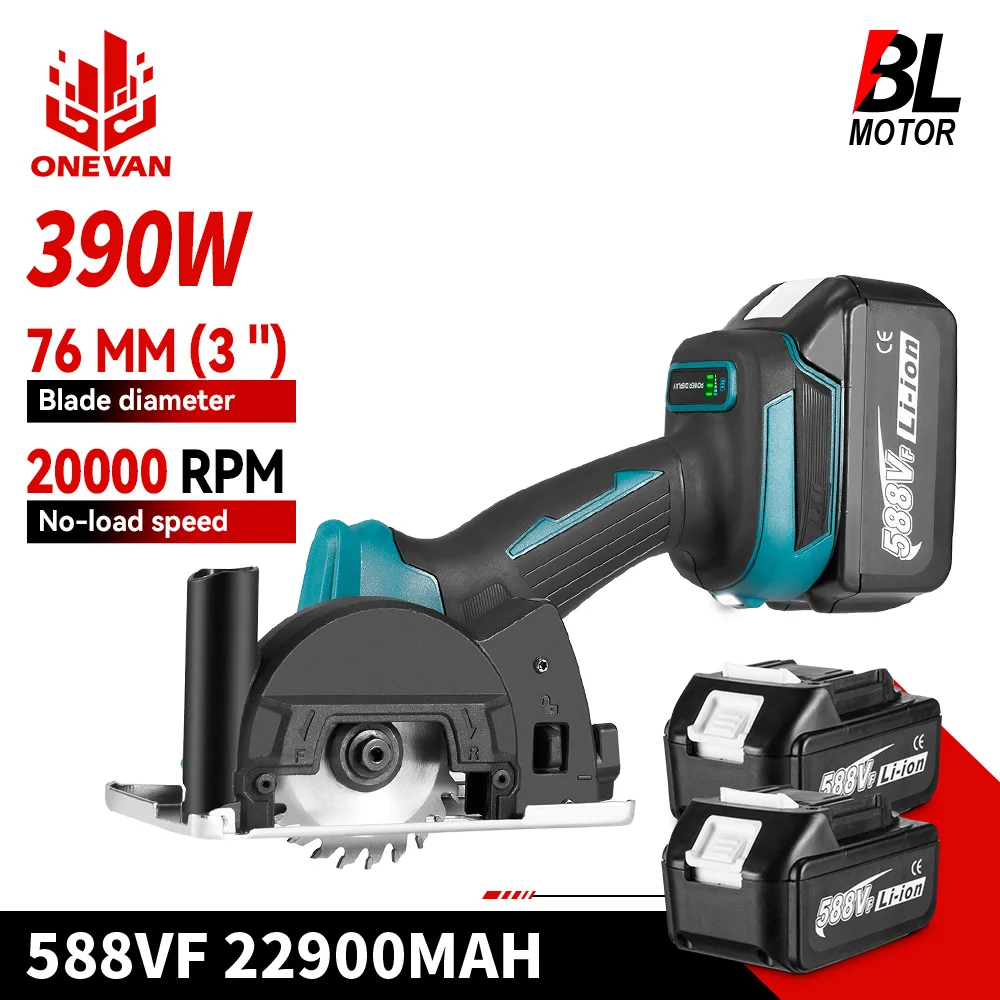 ONEVAN-amoladora angular sin escobillas, sierras circulares eléctricas inalámbricas de velocidad Variable de 76mm, herramienta eléctrica de corte para batería Makita de 18V