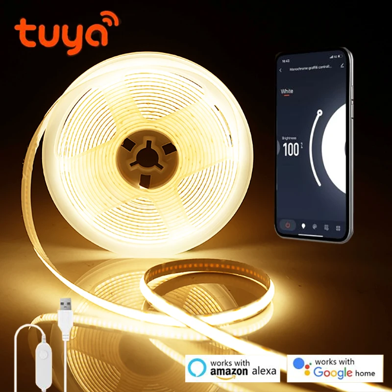 5V USB Tuya スマートライフ WiFi COB LED ストリップ、1M 2M 3M 5M ホワイト/ウォームホワイト調光可能な COB LED ストリップライト Alexa Google Home と連携