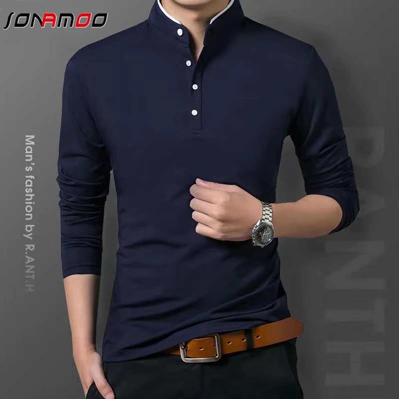 เสื้อยืดแขนยาวโปโลลําลองสําหรับบุรุษฤดูร้อนสบายและระบายอากาศด้านบนแข็ง
