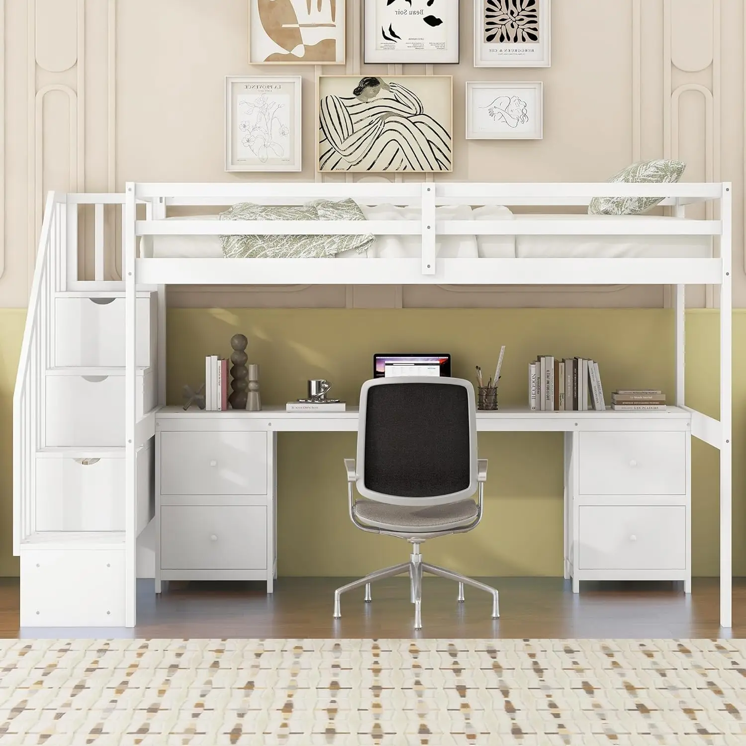 Twin Size Loft Bed with Desk and Storage Stairs, Wood Loft Bed with Desk & 4 Storage Drawers, High Loft Bed Frame with Storage