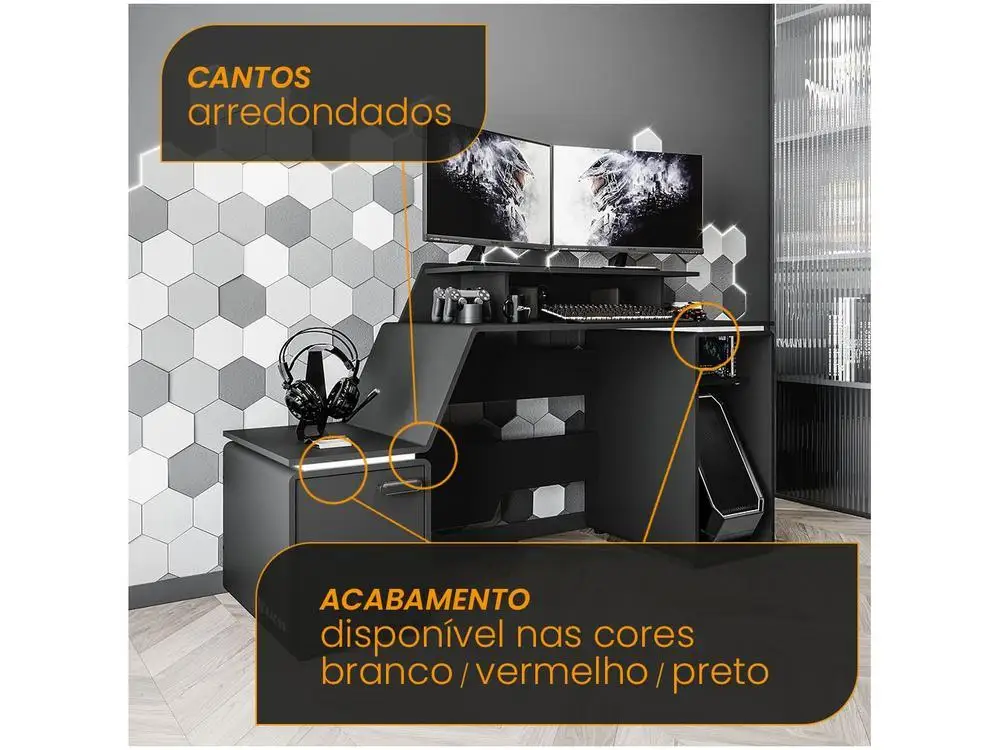 Mesa Gamer XT Racer Space Two Preto e Branco 2 Nichos 1 Porta